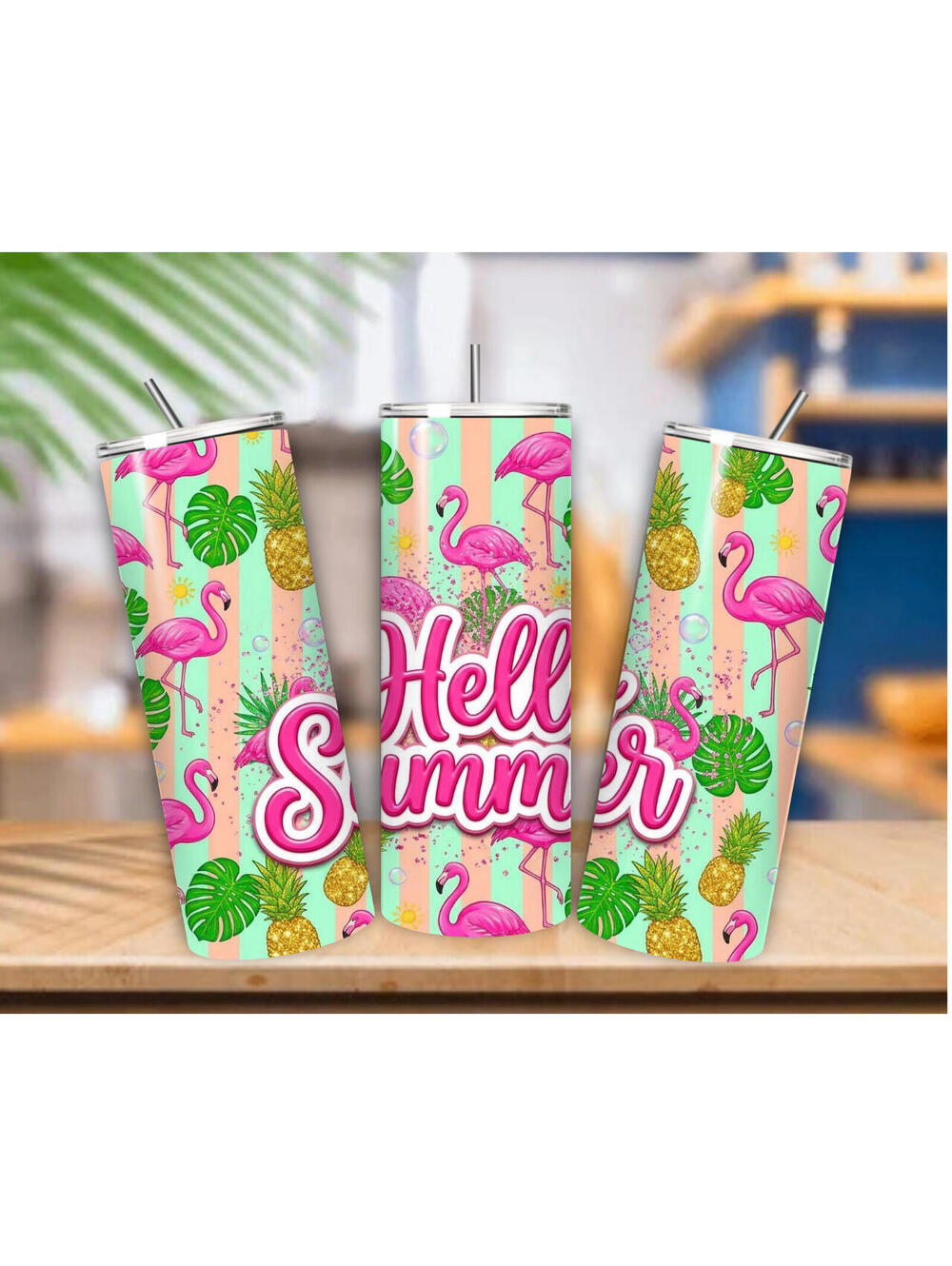 20 oz Hello Summer Stainless Steel Tumbler with Lid, Straw